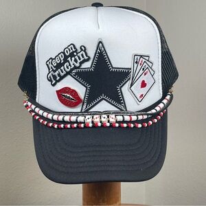NEW Black & White Trucker Hat Star Playing Card Patches Pin Beaded Band Chain